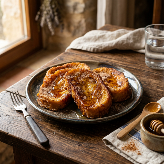 Plato de torrijas tradicionales con canela y miel, receta española de Semana Santa