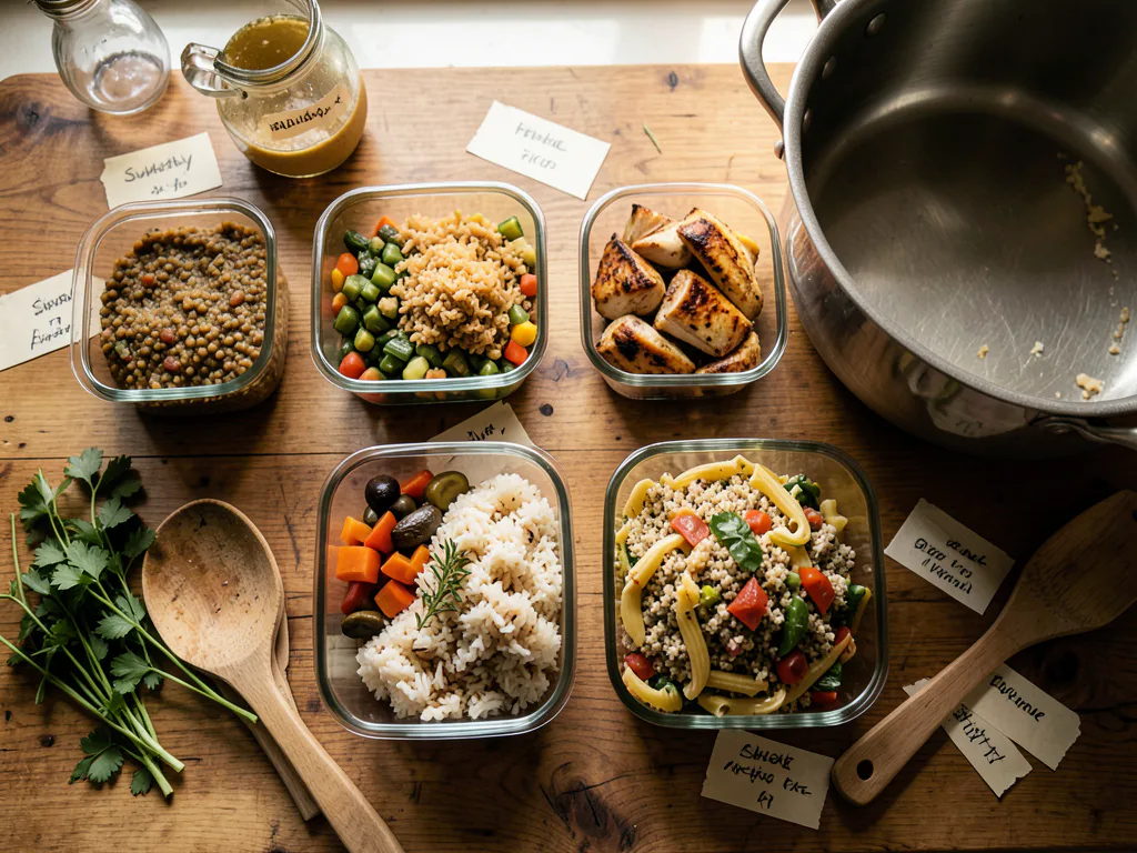 Batch cooking session with prepared containers