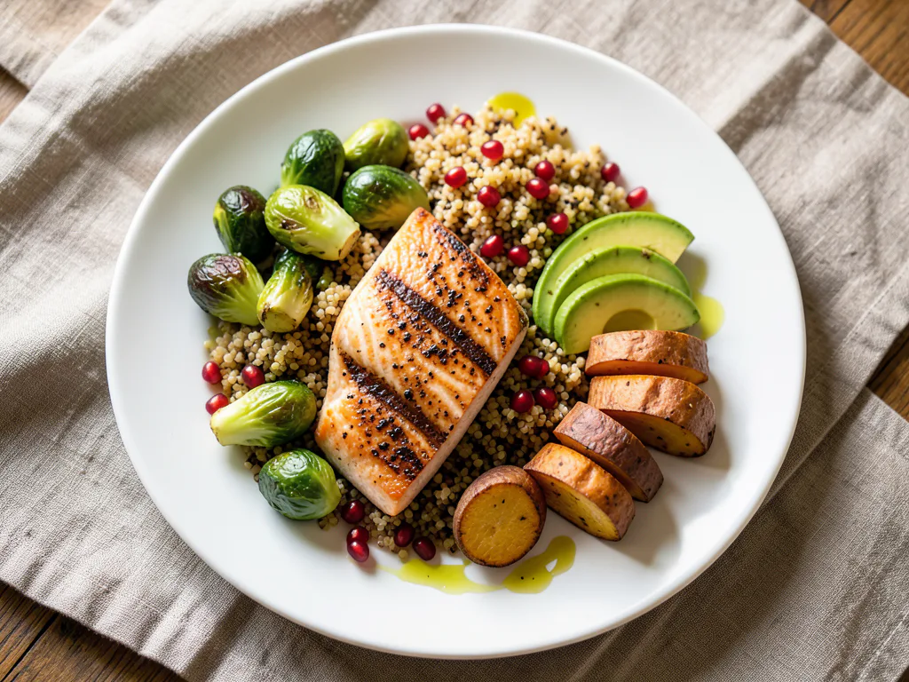 Balanced plate with protein, vegetables, and grain