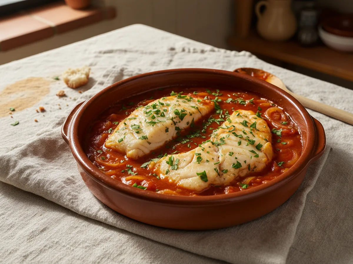 Bacalao con tomate servida en la mesa