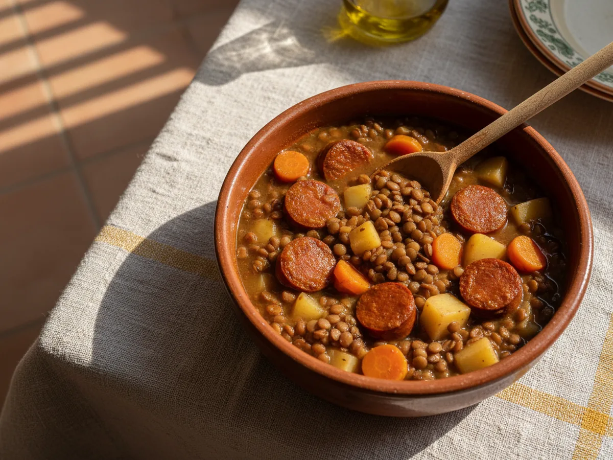 Lentejas con chorizo servida en la mesa