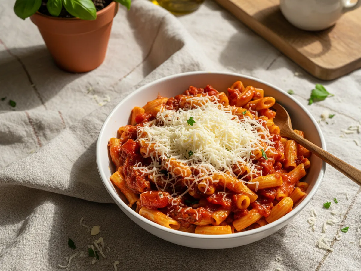 Macarrones con tomate servida en la mesa