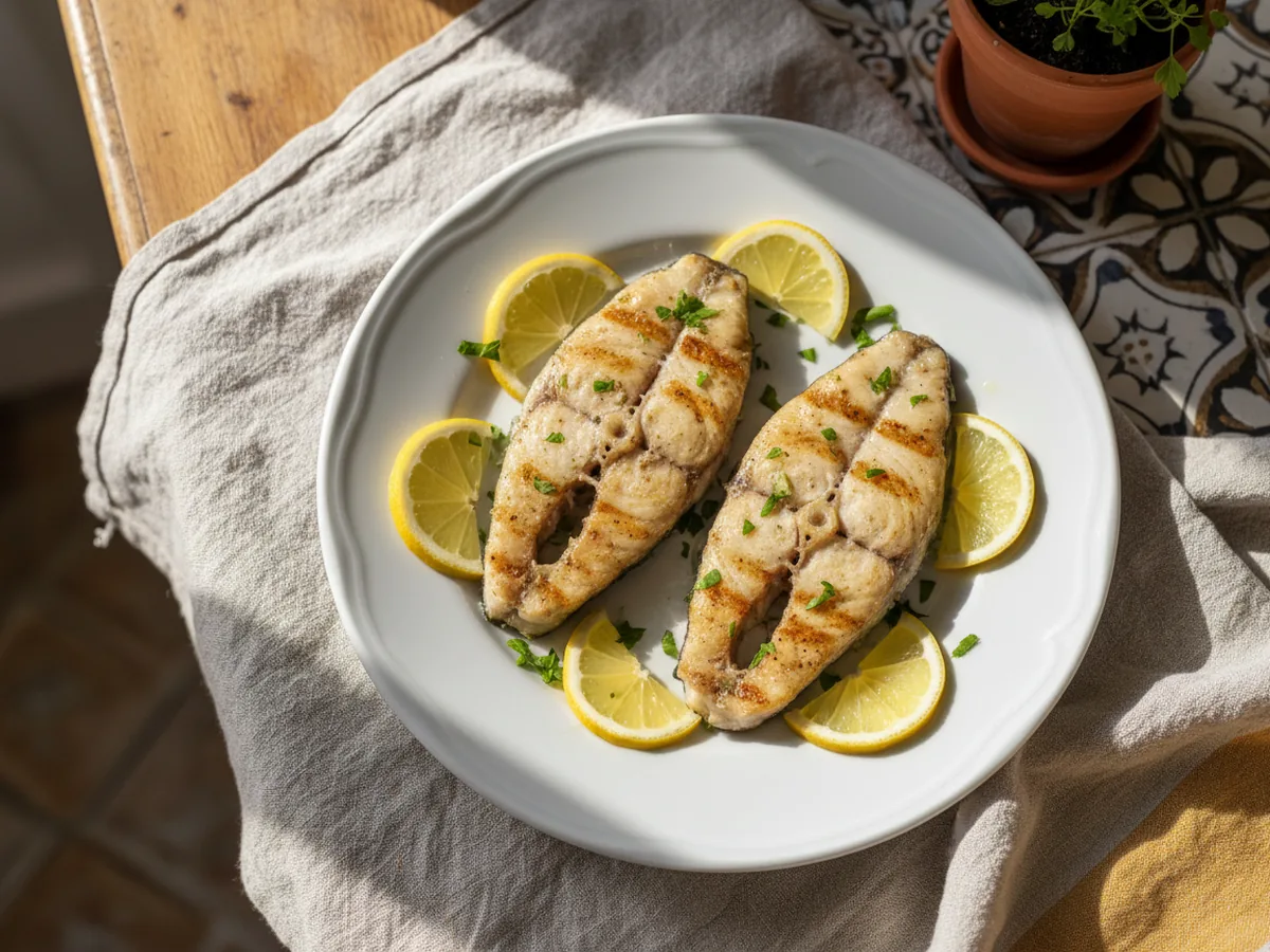 Merluza a la plancha servida en la mesa