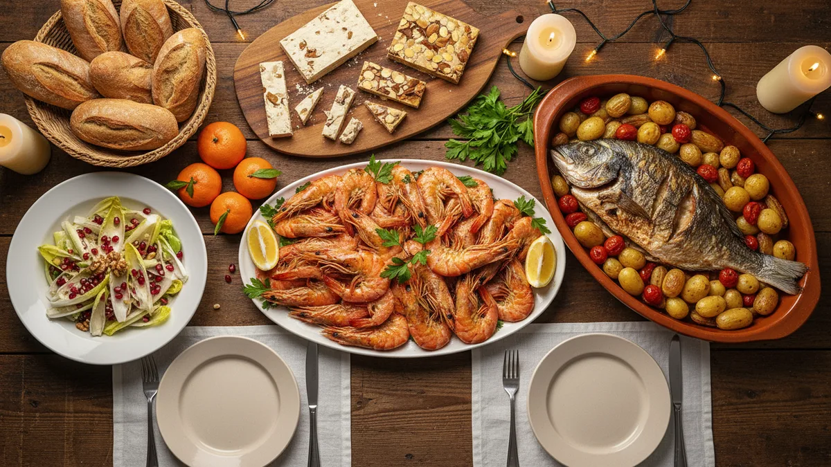 Mesa de Nochebuena con langostinos, dorada al horno, ensalada de escarola y turrón