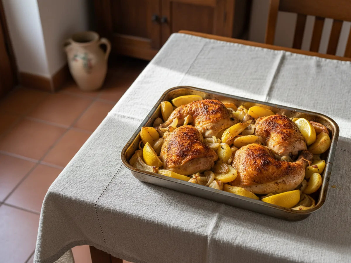 Pollo al horno con patatas servida en la mesa