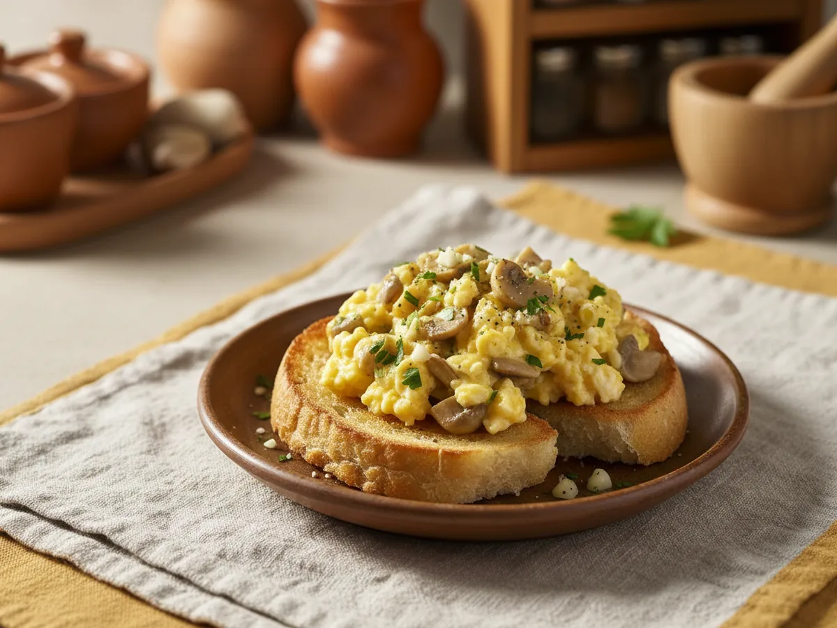 Revuelto de champiñones servida en la mesa