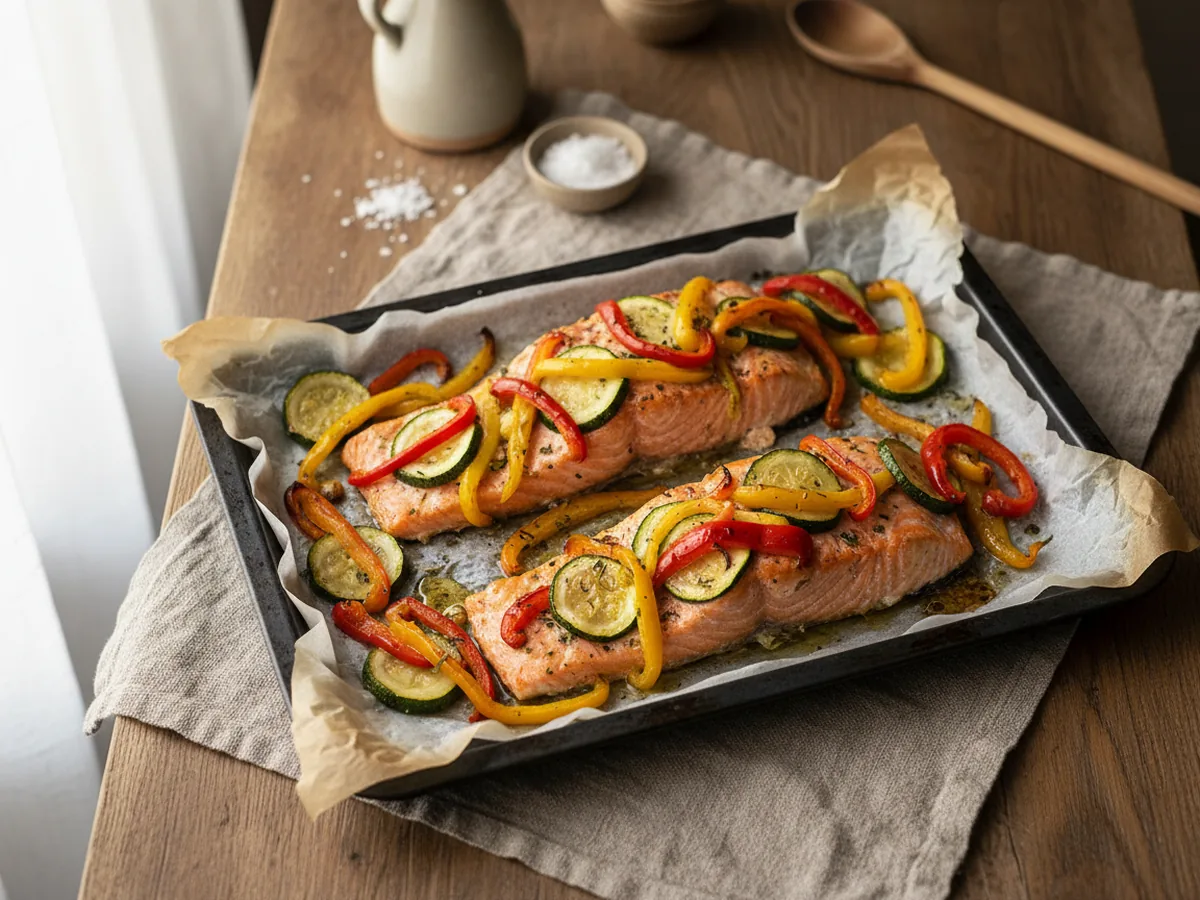 Salmón con verduras servida en la mesa