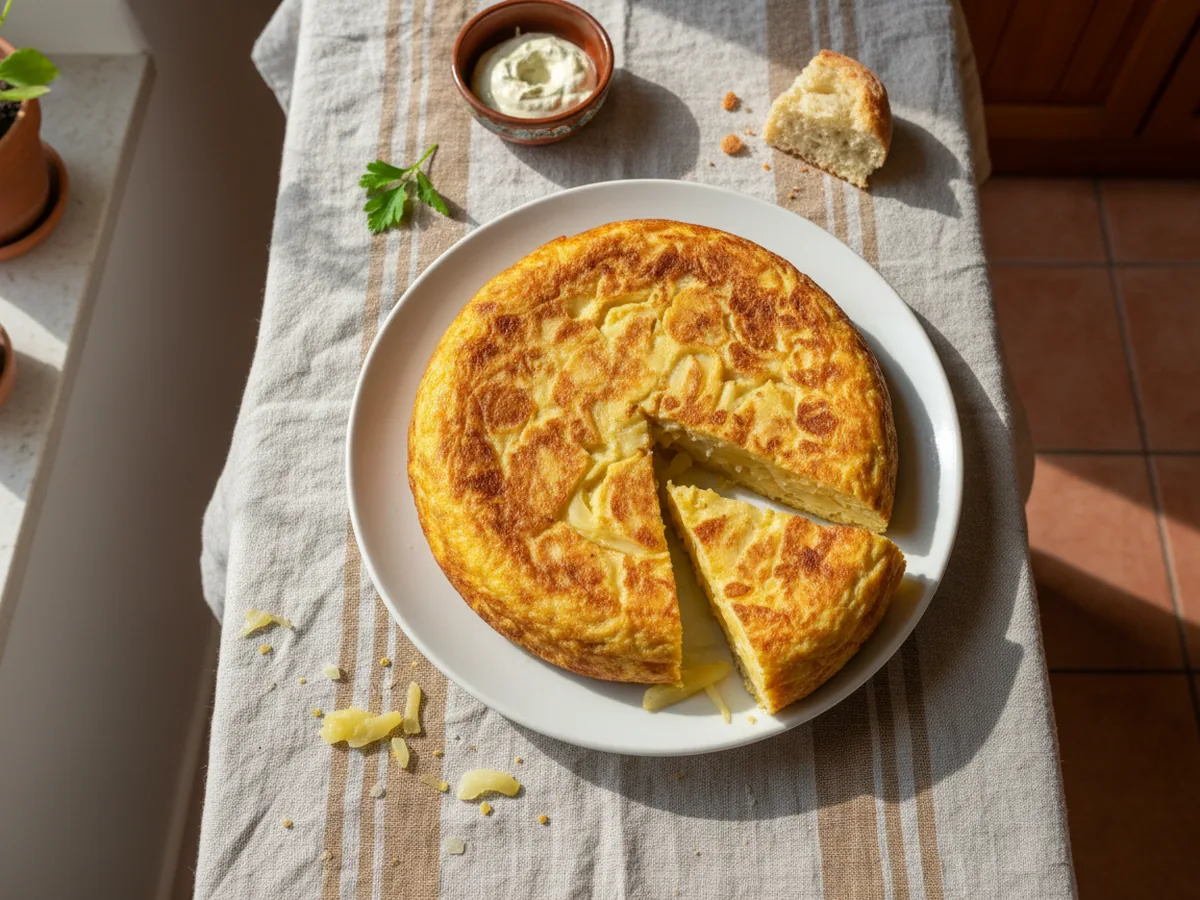 Tortilla de patatas servida en la mesa